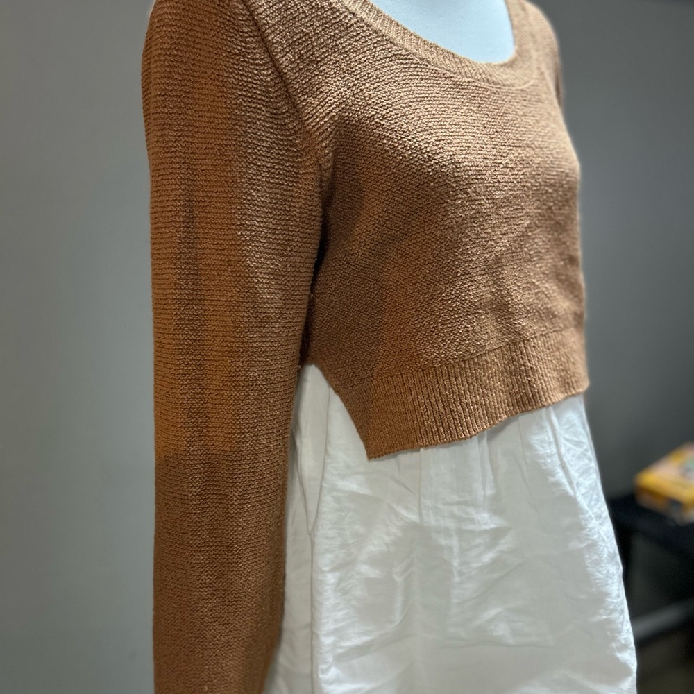 Anthropologie Asymmetrical Crop Blouse in Brown and White